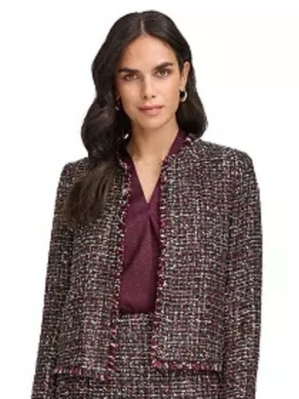 Calvin Klein Open Front Tweed Jacket. NWT size 14. With Pockets. Black &Burgundy - Picture 2 of 11